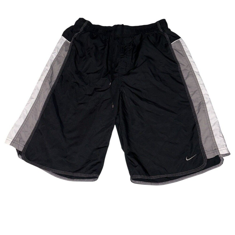 Vintage Y2K Nike Swim Shorts Mens Medium Gray Tag Swim Trunks Black Logo Mesh